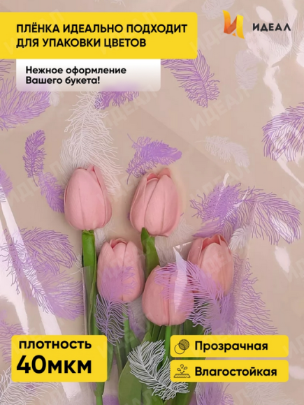 Пленка прозрачная с рисунком Пёрышки Сиреневая 60см*8м