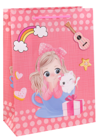 Сумочка пакет картон 260*320*100мм Девочка с котенком розовый Арт-3151L
