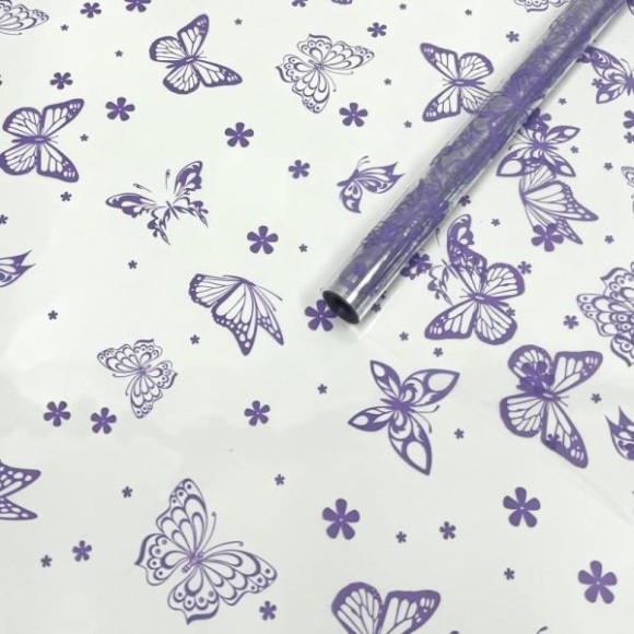 Пленка прозрачная с рисунком Летящие Бабочки Сиреневая 70см/200гр Пленка прозрачная с рисунком Летящие Бабочки Сиреневая 70см/200гр