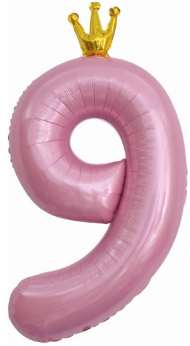 Шар ЦИФРА фольгированный № 9 40"102см Розовый с короной