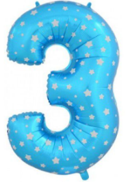 Шар ЦИФРА фольгированный № 3 40"102см Звёздочки голубой