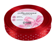 Лента Атласная с рисунком 15мм*25ярд Сердечки красная