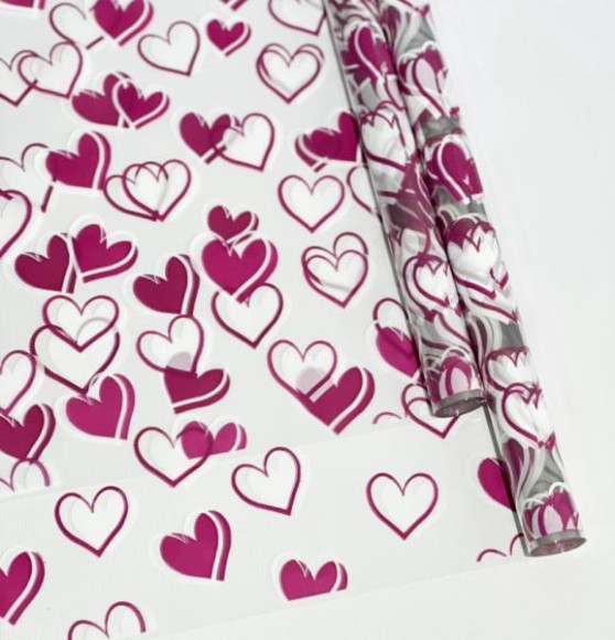 Пленка прозрачная с рисунком Сердечки Бело-Фуксия 70см/10ярд Пленка прозрачная с рисунком Сердечки Бело-Фуксия 70см/10ярд