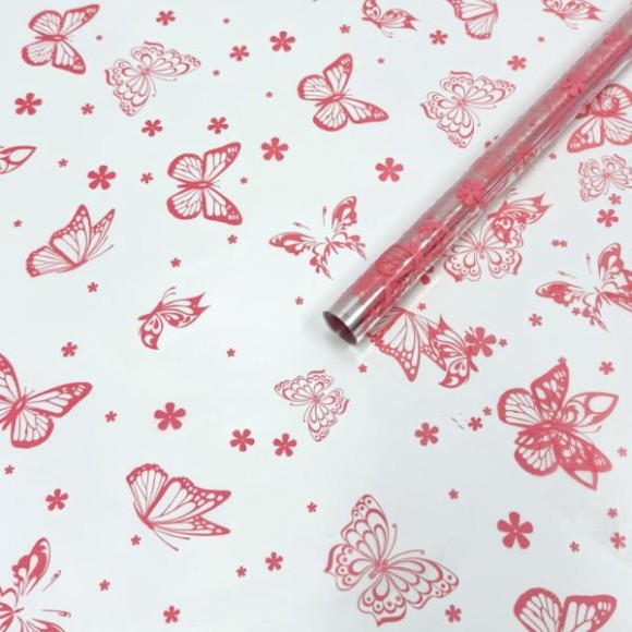 Пленка прозрачная с рисунком Летящие Бабочки Розовая 70см/200гр