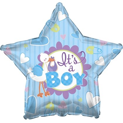 Шар фольгированный 18/46см Звезда Аист принес мальчика голубой