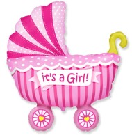 Шар фольгированный 13/33см Коляска для девочки розовый