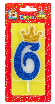 Свеча Цифра 6 Царская синяя блестка С-8363