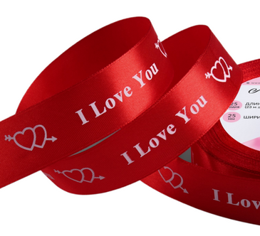 Лента Атласная с рисунком 25мм*25ярд I Love You Красная