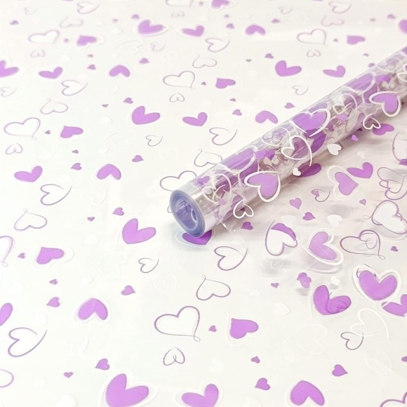Пленка прозрачная с рисунком Сердечки-2 Бело-Сиреневая 70см/200гр Пленка прозрачная с рисунком Сердечки-2 Бело-Сиреневая 70см/200гр