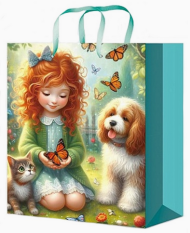 Сумочка пакет картон 264*327*80мм Девочка с бабочкой Арт-0372
