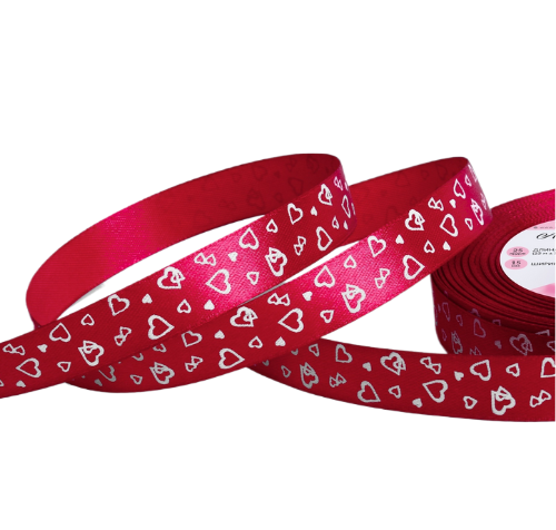 Лента Атласная с рисунком 15мм*25ярд Сердца малиновая