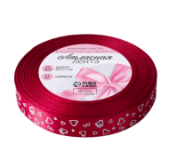 Лента Атласная с рисунком 15мм*25ярд Сердца малиновая