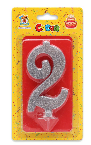 Свеча Цифра 2 Серебряный глиттер 1830