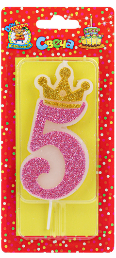 Свеча Цифра 5 Царская розовая блестка С-8352 Свеча Цифра 5 Царская розовая блестка С-8352