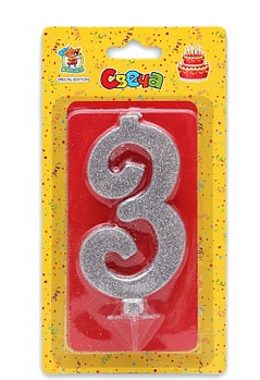 Свеча Цифра 3 Серебряный глиттер 1831 Свеча Цифра 3 Серебряный глиттер 1831