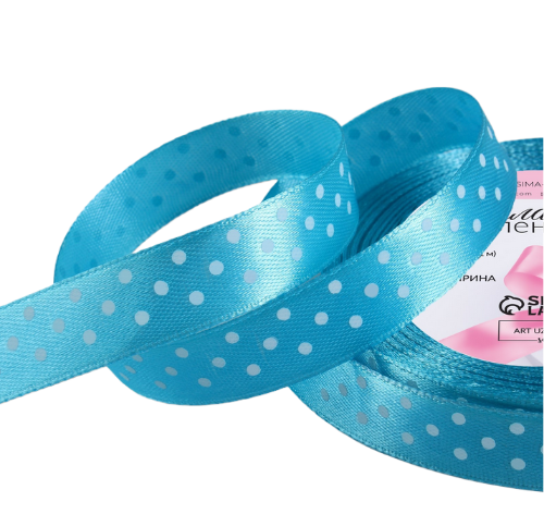 Лента Атласная с рисунком 15мм*25ярд Горошек Голубой
