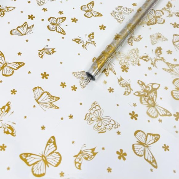 Пленка прозрачная с рисунком Летящие Бабочки Золото 70см/200гр