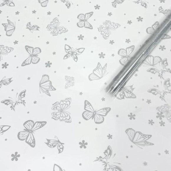 Пленка прозрачная с рисунком Летящие Бабочки Серебро 70см/200гр
