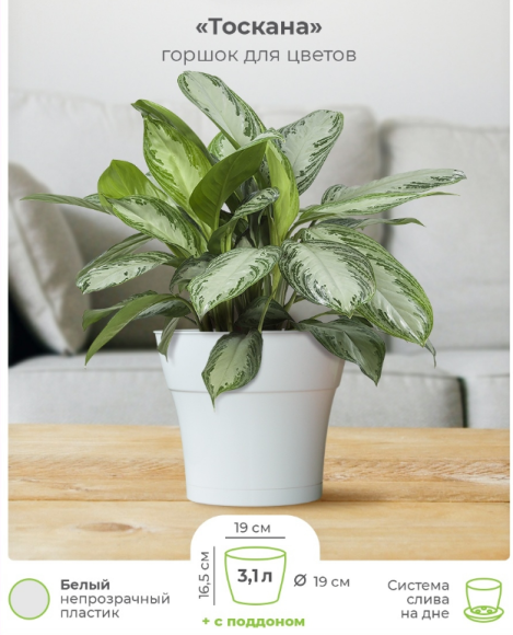Горшок Тоскана 3,1лит D-19см Белый с поддоном Горшок Тоскана 3,1лит D-19см Белый с поддоном