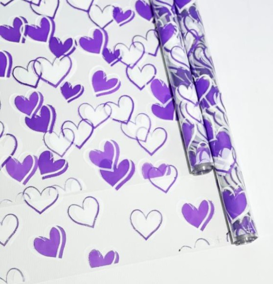 Пленка прозрачная с рисунком Сердечки Бело-Сиреневая 70см/10ярд Пленка прозрачная с рисунком Сердечки Бело-Сиреневая 70см/10ярд