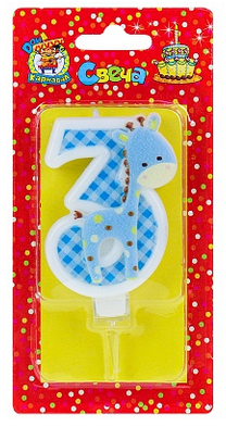 Свеча Цифра 3 Жирафик синий С-8307