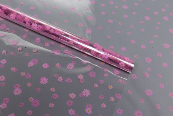 Пленка прозрачная с рисунком Маргаритки Розово-Салатовые 70см/8м