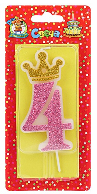 Свеча Цифра 4 Царская розовая блестка С-8351 Свеча Цифра 4 Царская розовая блестка С-8351