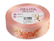 Лента Атласная с рисунком 25мм*18ярд Розы Персиковая