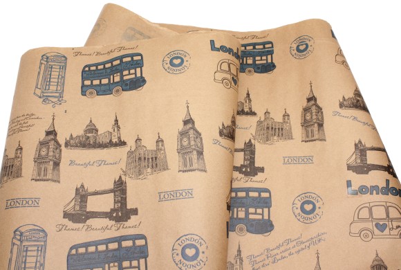 Бумага крафт Лондон голубой на коричневом 70см*10м