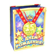 Сумочка пакет картон 180*227*100мм С ДР 15лет медаль с лентой Арт-669223 MS