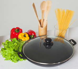 Сковорода Wok 30см чугунная Доляна Восток стеклянная крышка Арт-755150