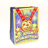 Сумочка пакет картон 180*227*100мм С ДР 25лет медаль с лентой Арт-669226 MS