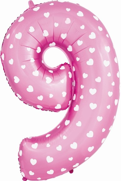 Шар ЦИФРА фольгированный № 9 40"102см Сердечки розовый