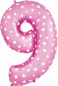 Шар ЦИФРА фольгированный № 9 40"102см Сердечки розовый