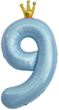 Шар ЦИФРА фольгированный № 9 40"102см Голубой с короной
