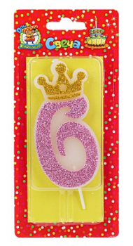 Свеча Цифра 6 Царская розовая блестка С-8353