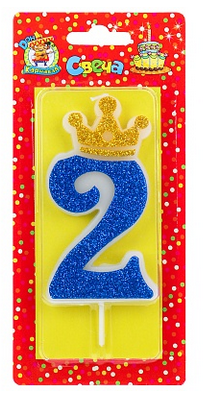 Свеча Цифра 2 Царская синяя блестка С-8359 Свеча Цифра 2 Царская синяя блестка С-8359