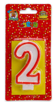 Свеча Цифра 2 Красная окантовка с блестками 2407