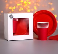 Набор бумажной посуды Красный 6 персон + 1 скатерть Арт-4754186