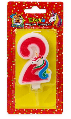 Свеча Цифра 2 Милый единорог розовая С-5936