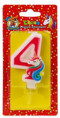Свеча Цифра 4 Милый единорог розовая С-5938