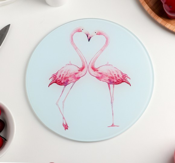 Доска разделочная Влюблённые фламинго круглая D-20см Стекляная Арт-3259624