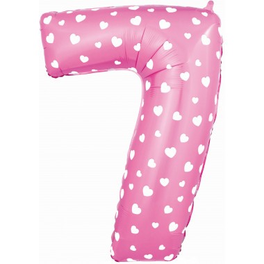 Шар ЦИФРА фольгированный № 7 40"102см Сердечки розовый