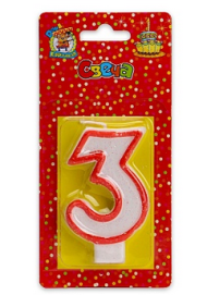 Свеча Цифра 3 Красная окантовка с блестками 2408