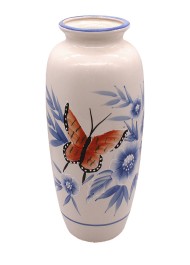 Ваза керамическая Цветы Голубые и Бабочки Горло узкое Арт-J22-a163 Н-30см