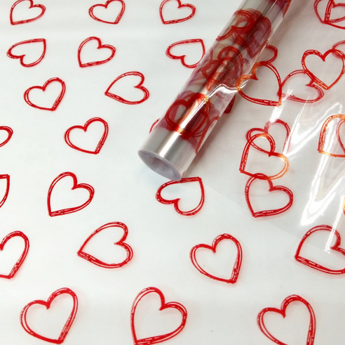 Пленка прозрачная с рисунком Сердечки контурные Красные 70см/200гр