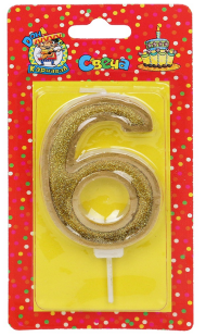 Свеча Цифра 6 Золотой глиттер Арт-5980