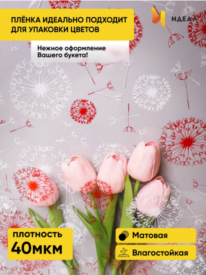 Пленка прозрачная с рисунком Одуванчики Бело-Красная 70см/8м Пленка прозрачная с рисунком Одуванчики Бело-Красная 70см/8м