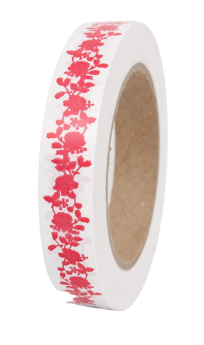 Лента Пионы 2см*50ярд Красные на Белом Лента Пионы 2см*50ярд Красные на Белом
