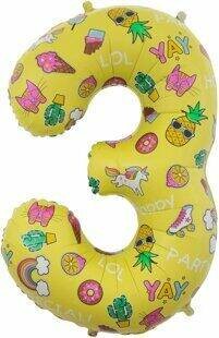Шар ЦИФРА фольгированный № 3 34"86см Жёлтый Весёлые картинки